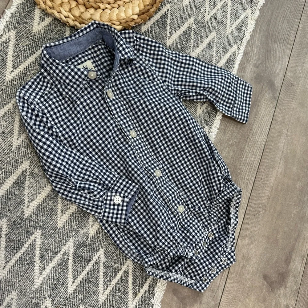 Oshkosh B’Gosh Baby Boy Navy White Gingham Checkered Button-Front Bodysuit